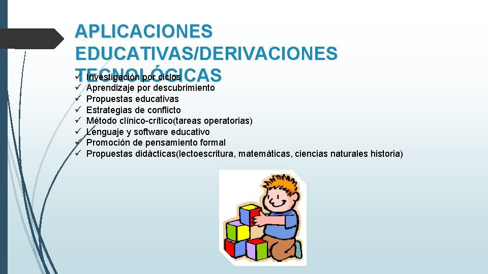 APLICACIONES EDUCATIVAS/DERIVACIONES ü Investigación por ciclos TECNOLÓGICAS ü Aprendizaje por descubrimiento ü ü ü APLICACIONES EDUCATIVAS/DERIVACIONES ü Investigación por ciclos TECNOLÓGICAS ü Aprendizaje por descubrimiento ü ü ü