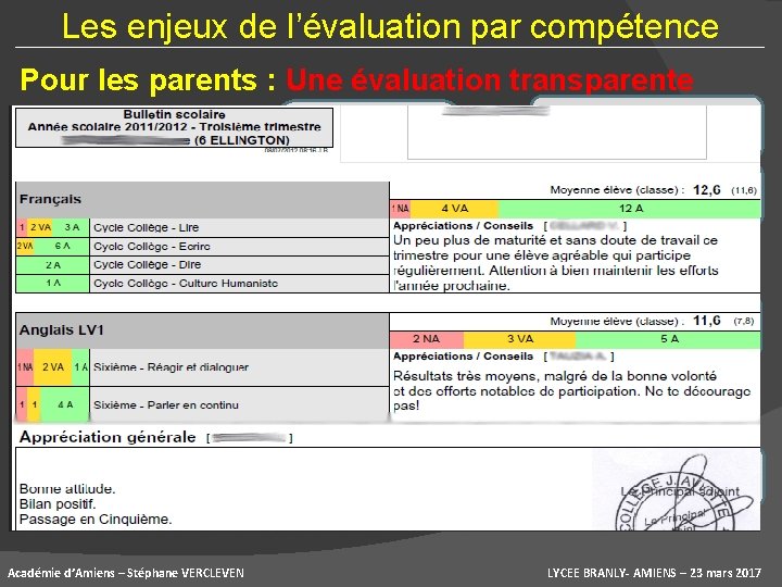 Les enjeux de l’évaluation par compétence Pour les parents : Une évaluation transparente Une