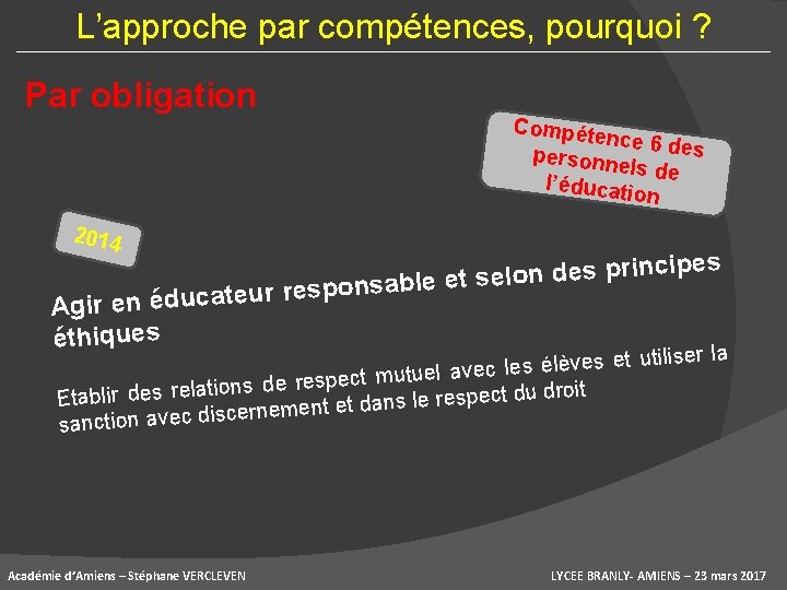 L’approche par compétences, pourquoi ? Par obligation Compéte nce 6 de s personne ls