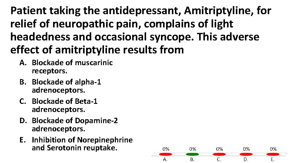 Patient taking the antidepressant, Amitriptyline, for relief of neuropathic pain, complains of light headedness