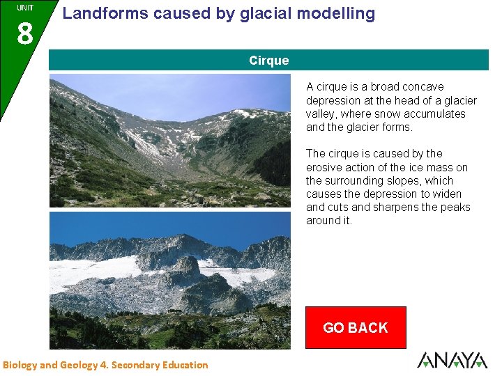 UNIT 8 Landforms caused by glacial modelling Cirque A cirque is a broad concave