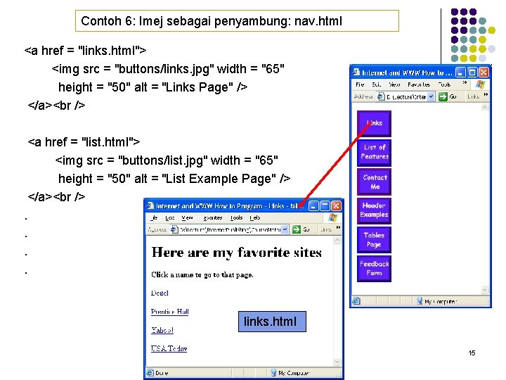 Contoh 6: Imej sebagai penyambung: nav. html <a href = "links. html"> <img src