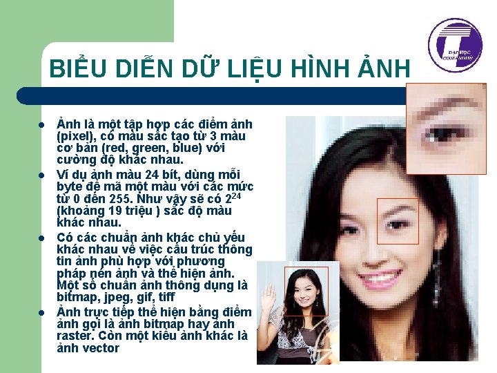 BIỂU DIỄN DỮ LIỆU HÌNH ẢNH l l Ảnh là một tập hợp các BIỂU DIỄN DỮ LIỆU HÌNH ẢNH l l Ảnh là một tập hợp các