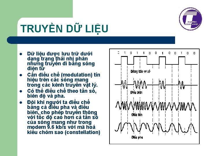 TRUYỀN DỮ LIỆU l l Dữ liệu được lưu trữ dưới dạng trạng thái TRUYỀN DỮ LIỆU l l Dữ liệu được lưu trữ dưới dạng trạng thái