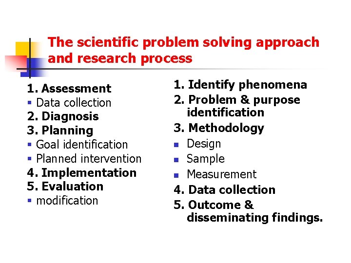 The scientific problem solving approach and research process 1. Assessment § Data collection 2.