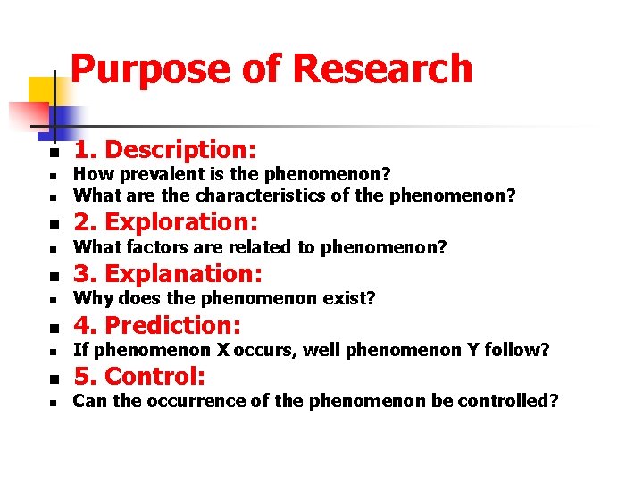 Purpose of Research n 1. Description: n How prevalent is the phenomenon? What are