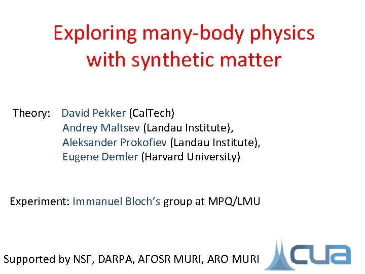 Exploring many-body physics with synthetic matter Theory: David Pekker (Cal. Tech) Andrey Maltsev (Landau