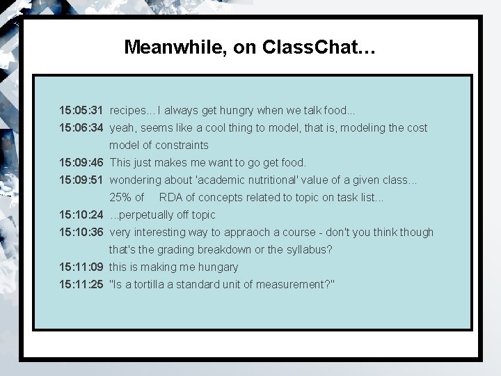 Meanwhile, on Class. Chat… 15: 05: 31 recipes. . . I always get hungry