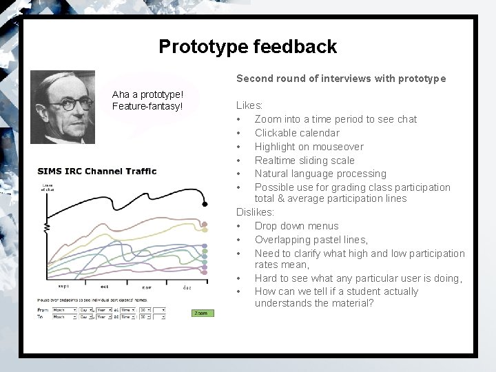 Prototype feedback Second round of interviews with prototype Aha a prototype! Feature-fantasy! Likes: •