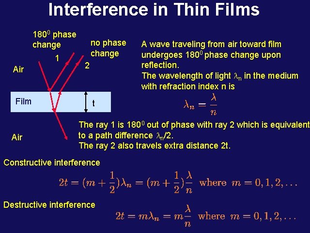 Interference in Thin Films 1800 phase change 1 Air Film Air no phase change Interference in Thin Films 1800 phase change 1 Air Film Air no phase change