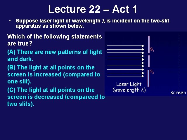Lecture 22 – Act 1 • Suppose laser light of wavelength l is incident Lecture 22 – Act 1 • Suppose laser light of wavelength l is incident