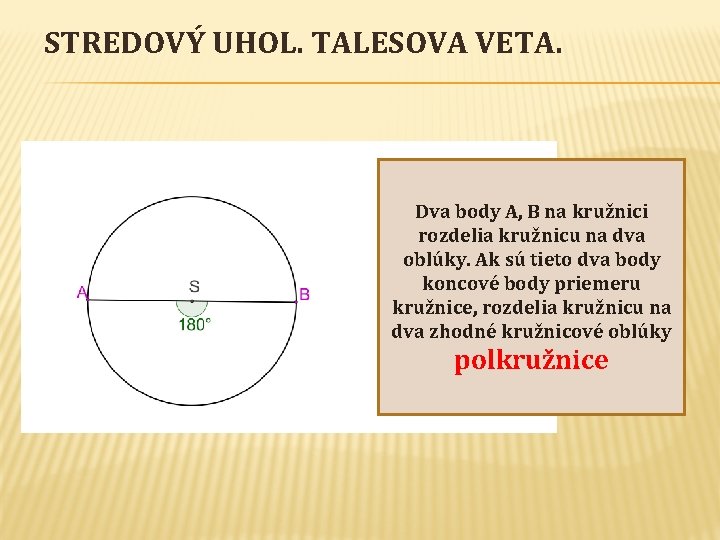 STREDOVÝ UHOL. TALESOVA VETA. Dva body A, B na kružnici rozdelia kružnicu na dva