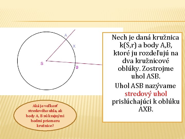 Aká je veľkosť stredového uhla, ak body A, B sú krajnými bodmi priemeru kružnice?