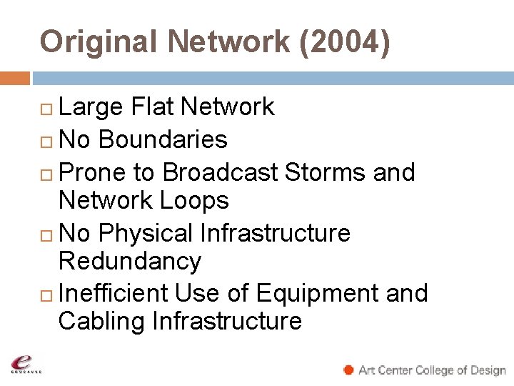 Original Network (2004) Large Flat Network No Boundaries Prone to Broadcast Storms and Network Original Network (2004) Large Flat Network No Boundaries Prone to Broadcast Storms and Network