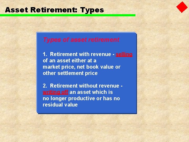 Asset Retirement: Types of asset retirement 1. Retirement with revenue - selling of an