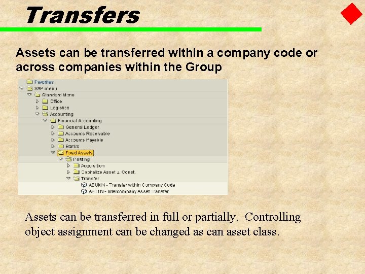 Transfers Assets can be transferred within a company code or across companies within the