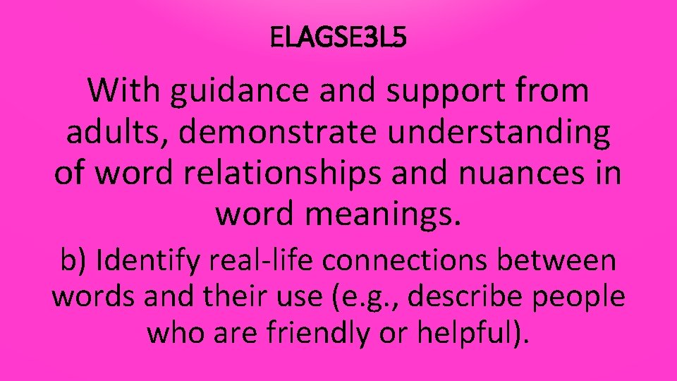 ELAGSE 3 L 5 With guidance and support from adults, demonstrate understanding of word