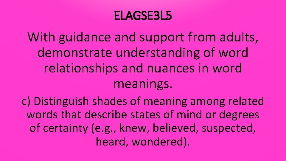 ELAGSE 3 L 5 With guidance and support from adults, demonstrate understanding of word