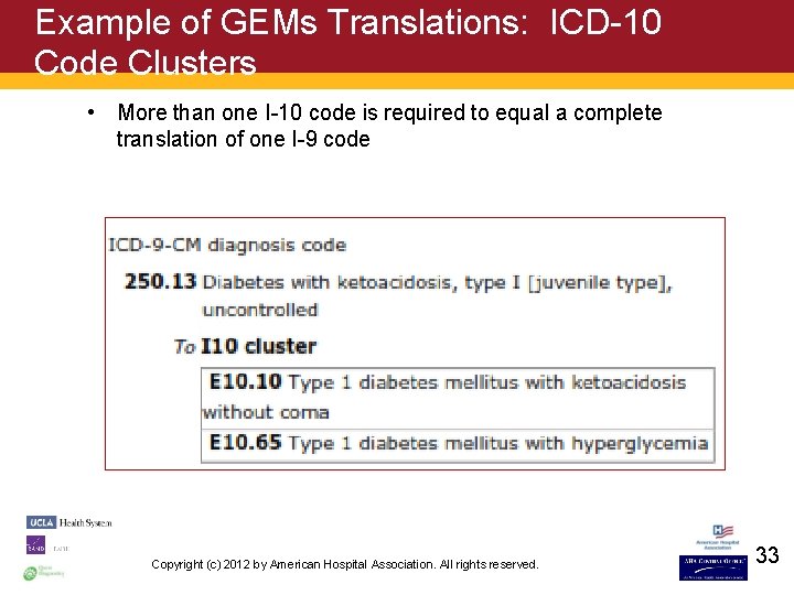 Example of GEMs Translations: ICD-10 Code Clusters • More than one I-10 code is