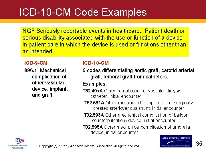 ICD-10 -CM Code Examples NQF Seriously reportable events in healthcare: Patient death or serious