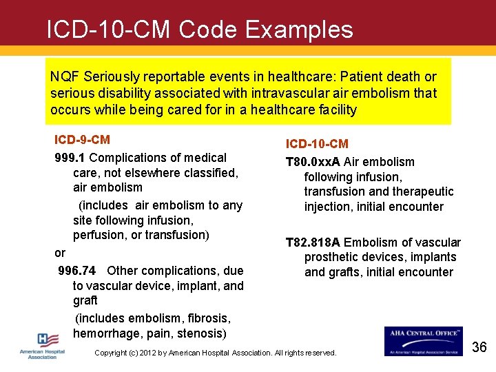 ICD-10 -CM Code Examples NQF Seriously reportable events in healthcare: Patient death or serious