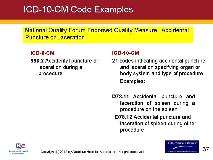 ICD-10 -CM Code Examples National Quality Forum Endorsed Quality Measure: Accidental Puncture or Laceration
