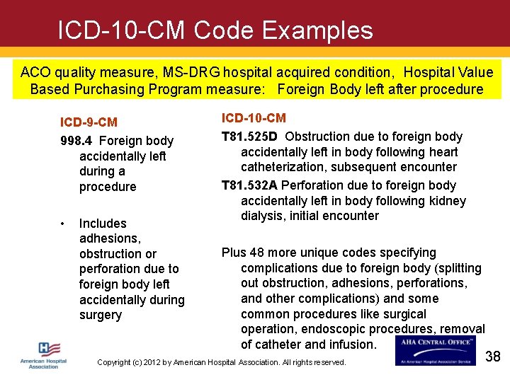 ICD-10 -CM Code Examples ACO quality measure, MS-DRG hospital acquired condition, Hospital Value Based