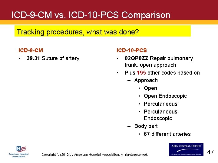 ICD-9 -CM vs. ICD-10 -PCS Comparison Tracking procedures, what was done? ICD-9 -CM •