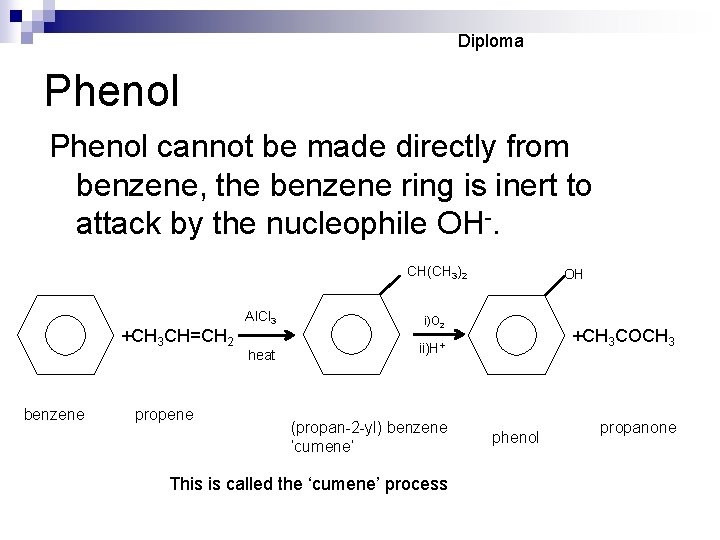 Diploma Phenol cannot be made directly from benzene, the benzene ring is inert to