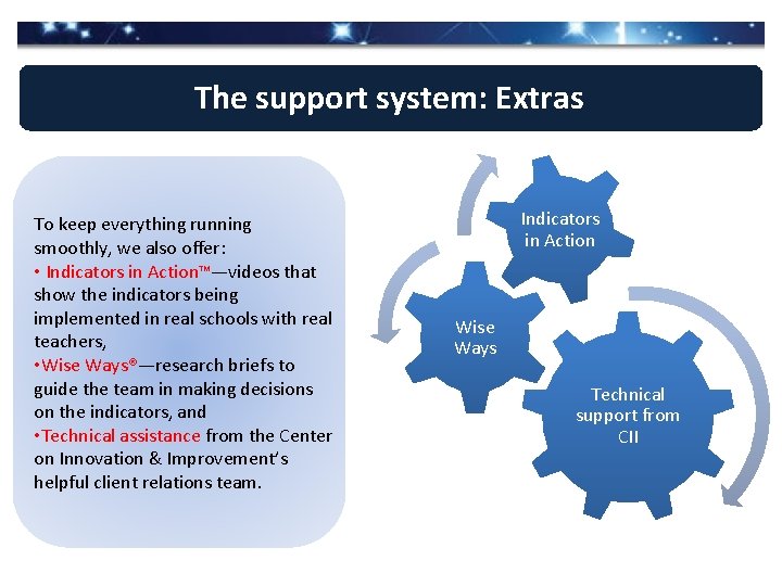 The support system: Extras To keep everything running smoothly, we also offer: • Indicators