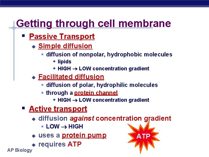 Getting through cell membrane § Passive Transport u Simple diffusion § diffusion of nonpolar,