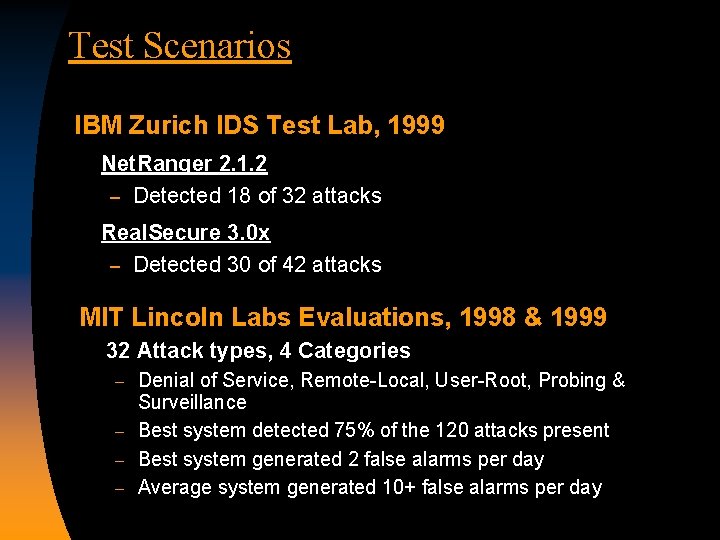 Test Scenarios IBM Zurich IDS Test Lab, 1999 Net. Ranger 2. 1. 2 –