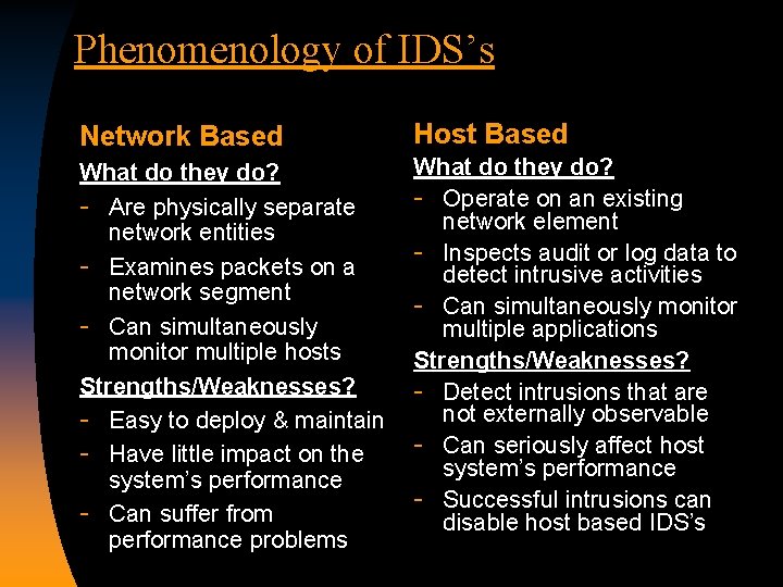 Phenomenology of IDS’s Network Based Host Based What do they do? - Are physically