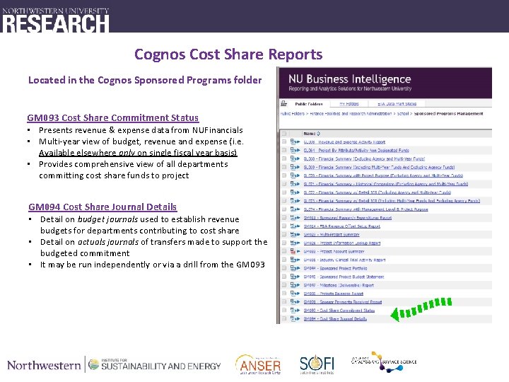 Cognos Cost Share Reports Located in the Cognos Sponsored Programs folder GM 093 Cost