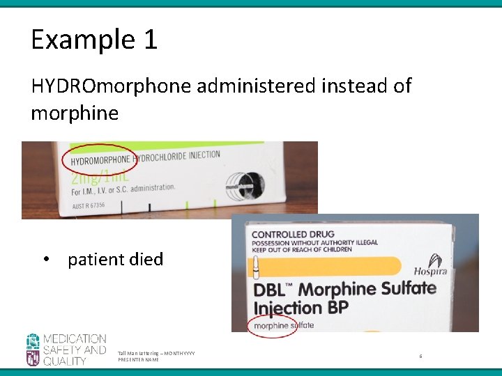 Example 1 HYDROmorphone administered instead of morphine • patient died Tall Man Lettering – Example 1 HYDROmorphone administered instead of morphine • patient died Tall Man Lettering –