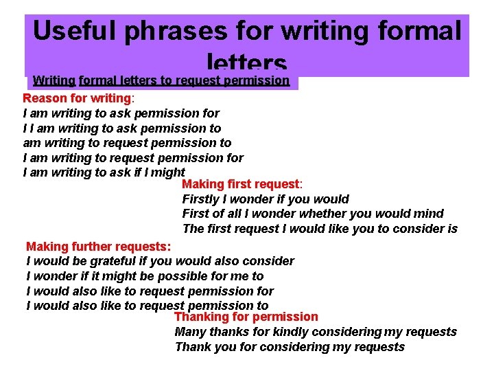 Useful phrases for writing formal letters Writing formal letters to request permission Reason for