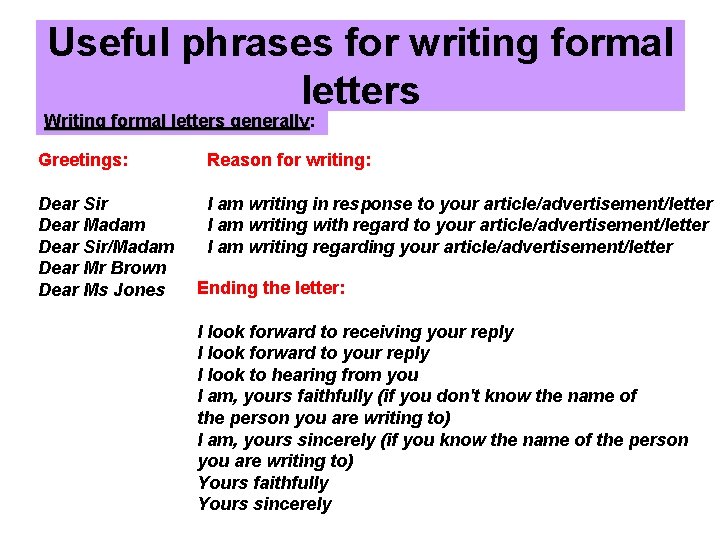 Useful phrases for writing formal letters Writing formal letters generally: generally Greetings: Reason for