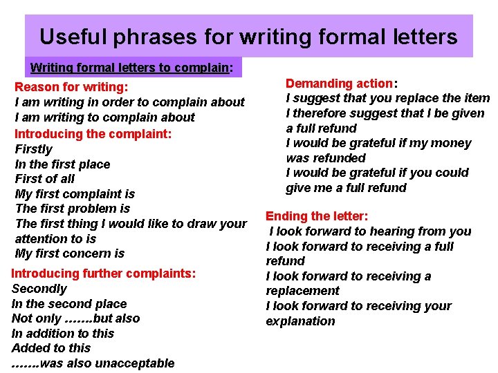 Useful phrases for writing formal letters Writing formal letters to complain: complain Reason for