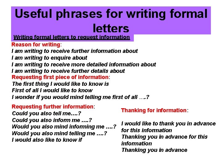 Useful phrases for writing formal letters Writing formal letters to request information Reason for