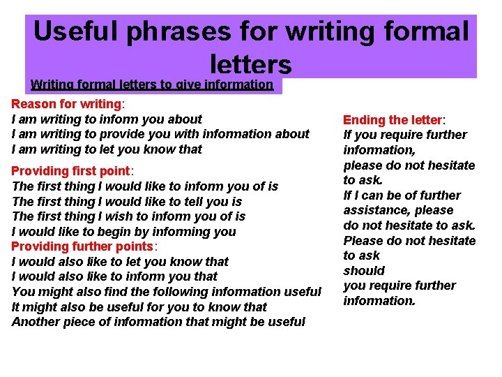 Useful phrases for writing formal letters Writing formal letters to give information Reason for