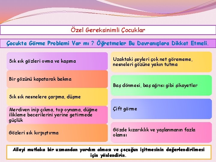 Özel Gereksinimli Çocuklar Çocukta Görme Problemi Var mı ? Öğretmeler Bu Davranışlara Dikkat Etmeli.