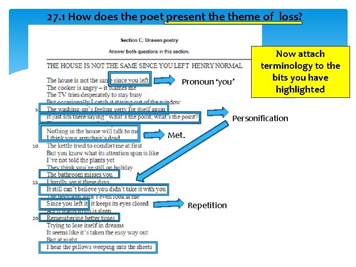 27. 1 How does the poet present theme of loss? Pronoun ‘you’ Now attach