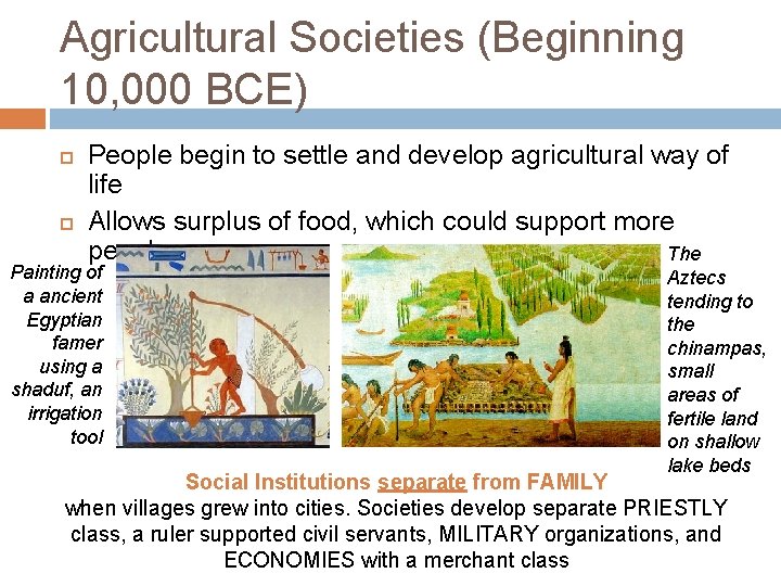 Agricultural Societies (Beginning 10, 000 BCE) People begin to settle and develop agricultural way
