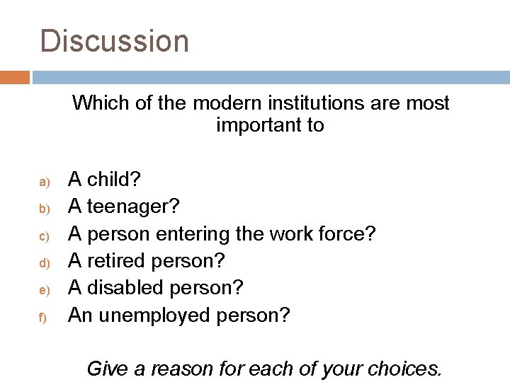 Discussion Which of the modern institutions are most important to a) b) c) d)