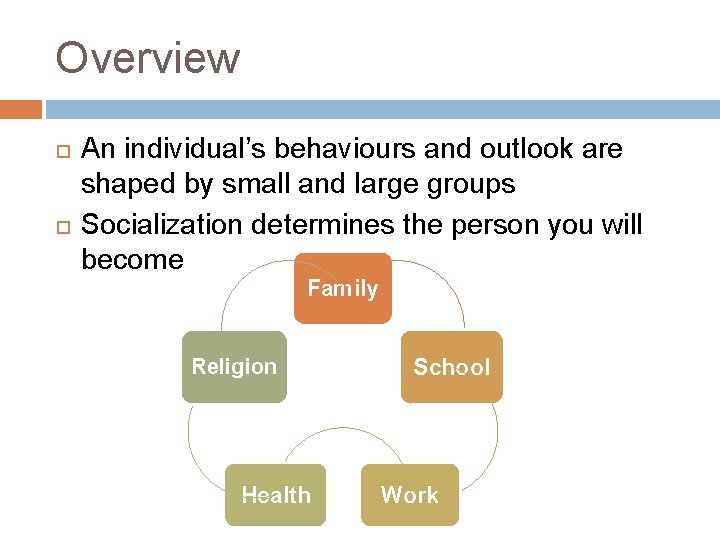 Overview An individual’s behaviours and outlook are shaped by small and large groups Socialization