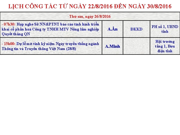 LỊCH CÔNG TÁC TỪ NGÀY 22/8/2016 ĐẾN NGÀY 30/8/2016 Thứ sáu, ngày 26/8/2016 -