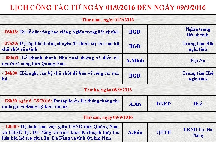 LỊCH CÔNG TÁC TỪ NGÀY 01/9/2016 ĐẾN NGÀY 09/9/2016 Thứ năm, ngày 01/9/2016 -