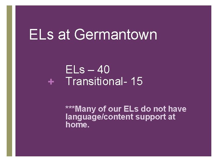 ELs at Germantown ELs – 40 + Transitional- 15 ***Many of our ELs do