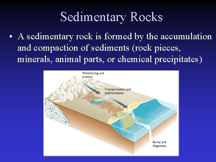 Sedimentary Rocks • A sedimentary rock is formed by the accumulation and compaction of