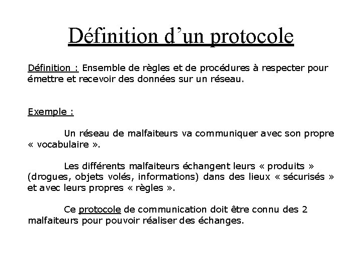 Définition d’un protocole Définition : Ensemble de règles et de procédures à respecter pour